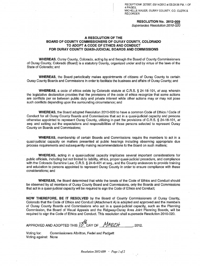 Ouray Ethics Code 2016 PDF Judicial Disqualification Conflict Of