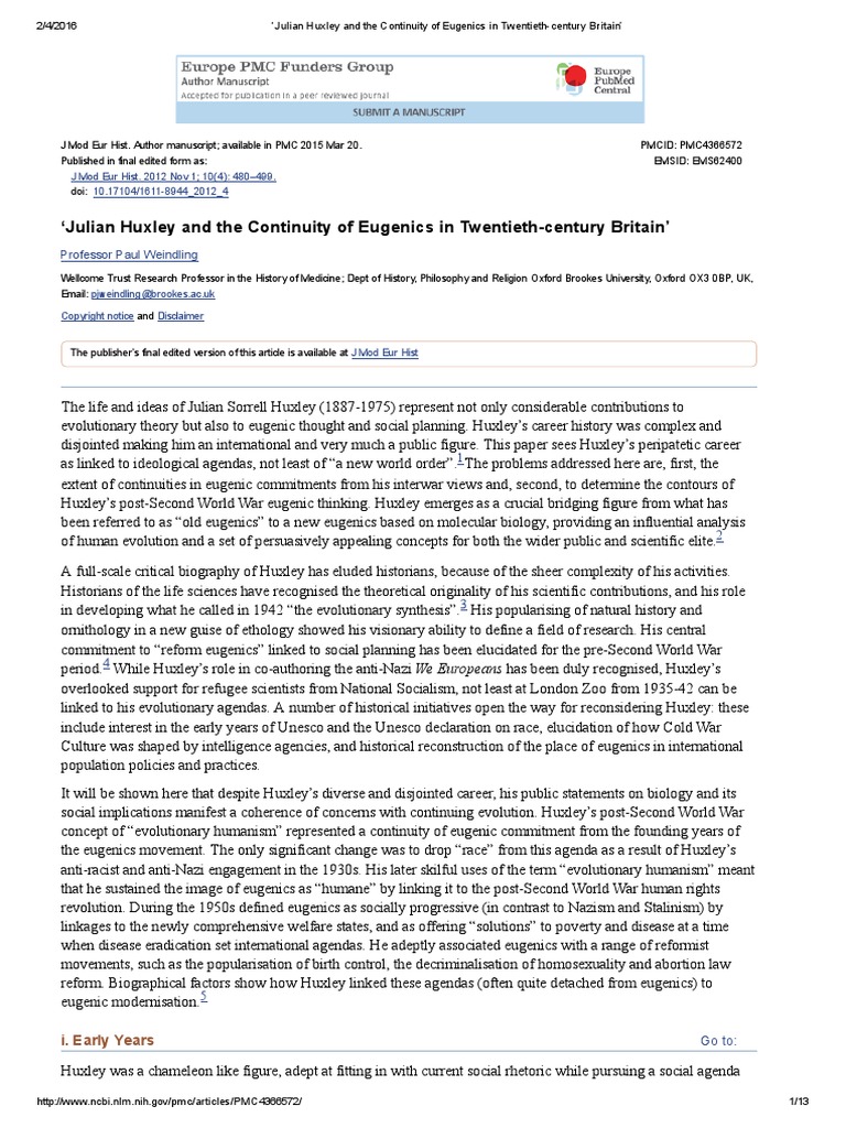 ‘Julian Huxley and the Continuity of Eugenics in Twentiethcentury Britain’ Thomas Henry