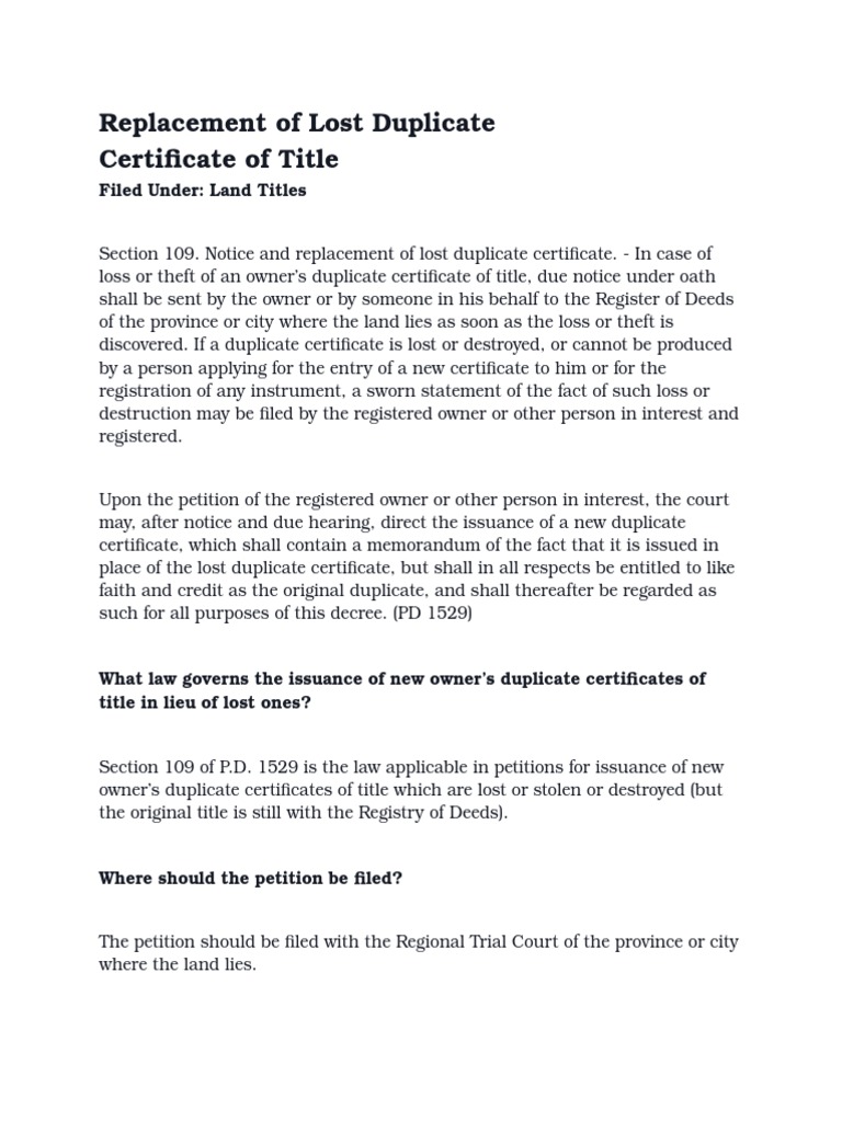 Replacement of Lost Duplicate Certificate of Title