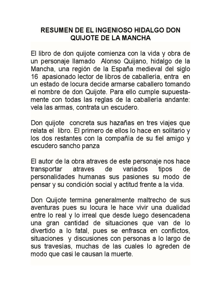 Don Quijote De La Mancha Summary