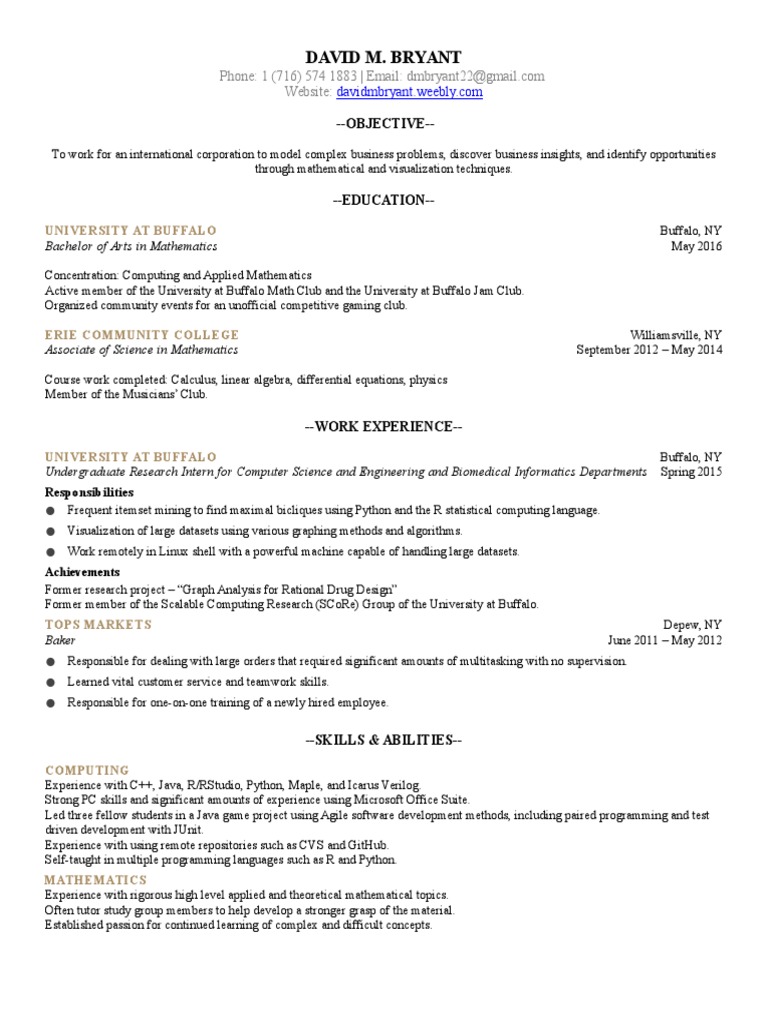 David M. Bryant: Mathematics & Computing Resume | PDF