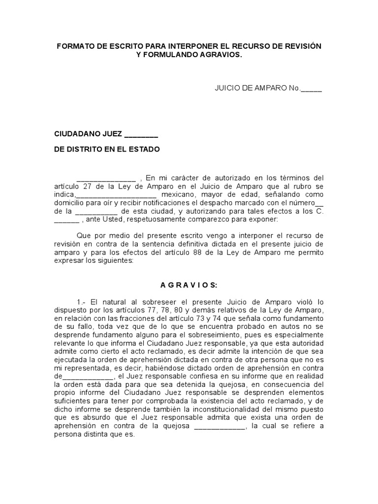 Formato de Escrito para Interponer El Recurso de Revision y Formulando  Agravios | PDF | Ciudadanía | Gobierno
