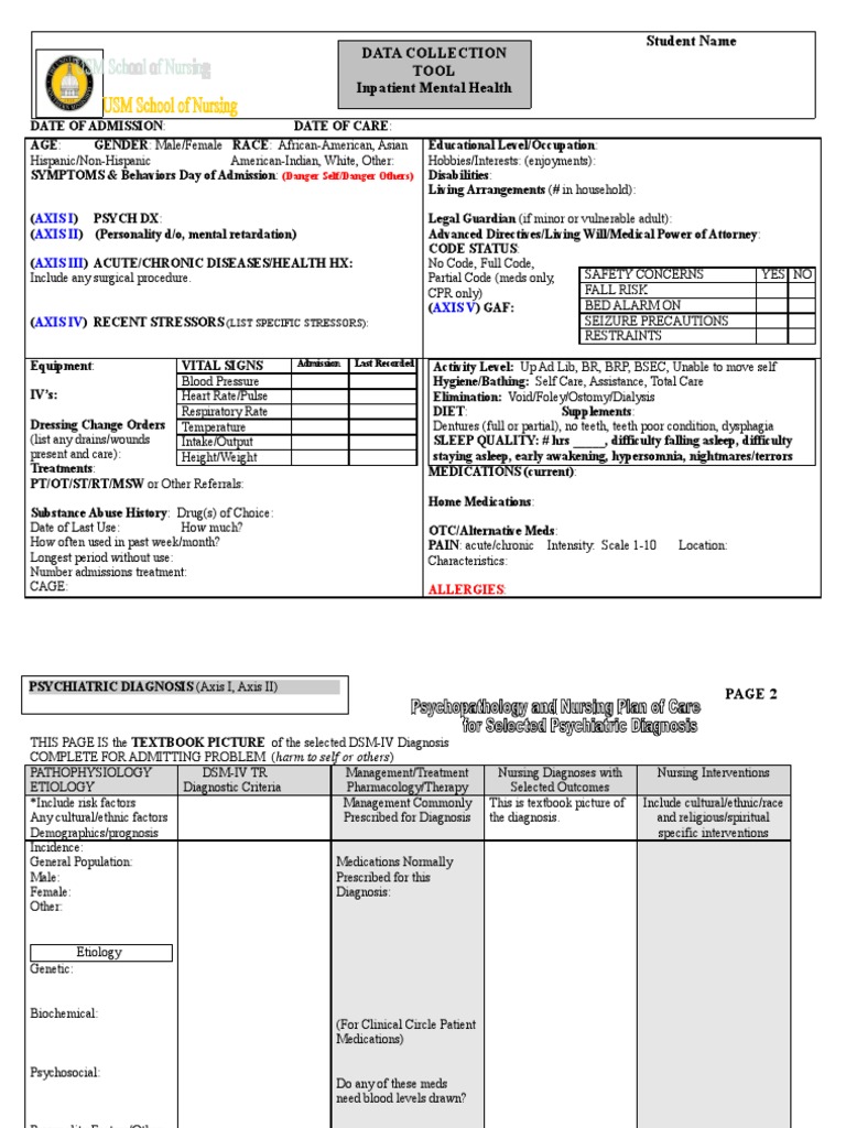 Inpatient Mental Health Assessment Form | PDF | Medical Diagnosis ...