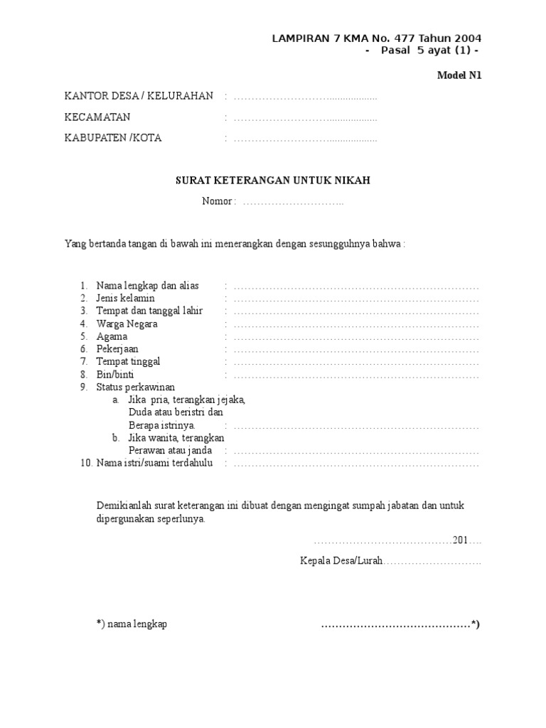 Contoh Surat Keterangan Nikah N1 | PDF | Hukum