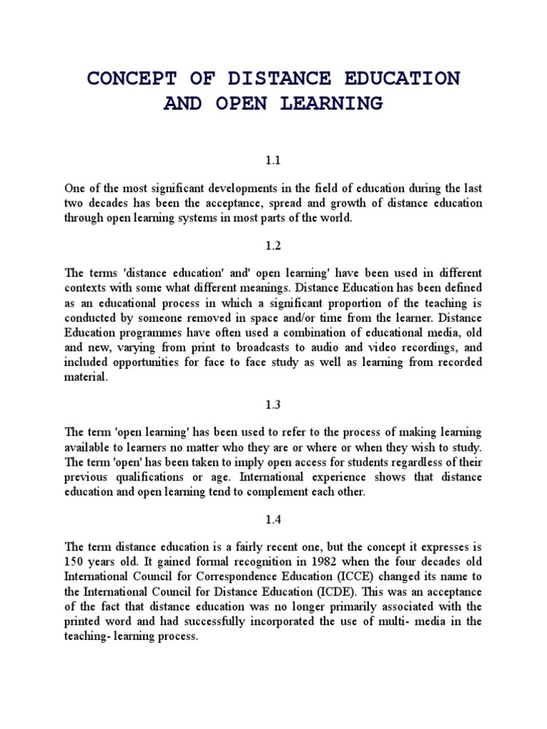 Concept of Distance Education and Open Learning | PDF | Distance