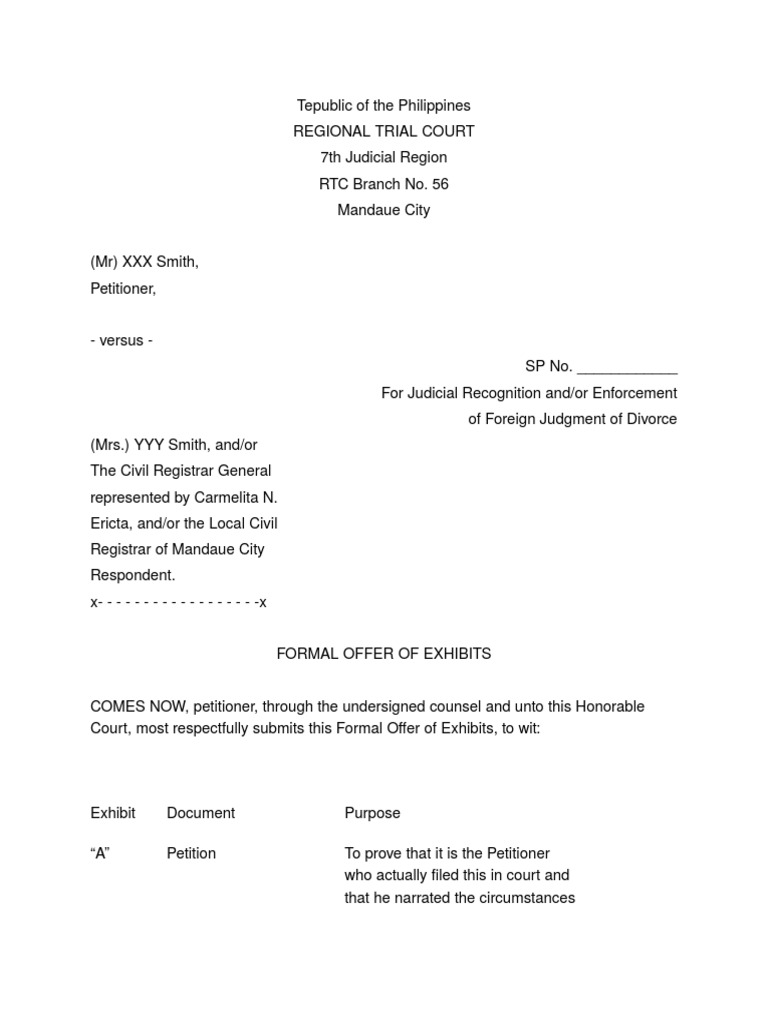 Formal Offer of Evidence in Divorce Case | PDF | Judgment (Law) | Divorce
