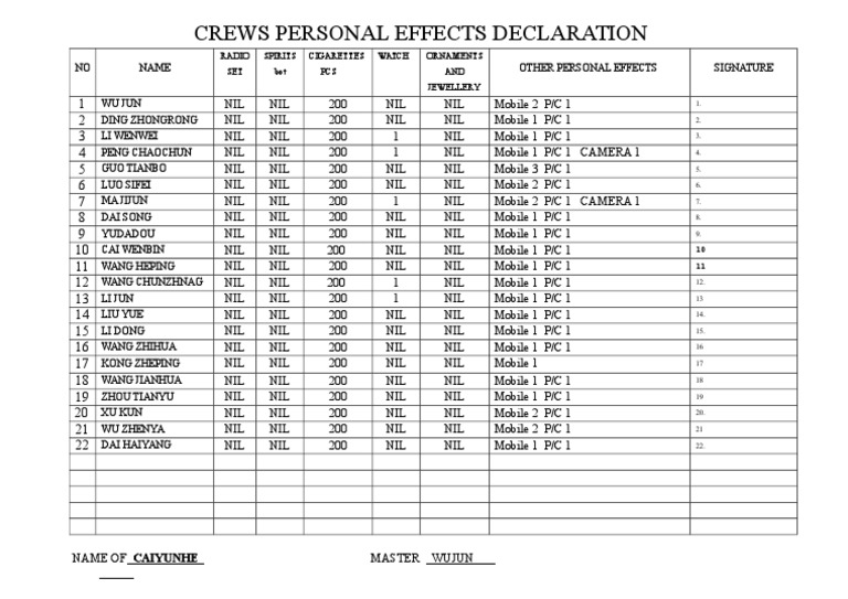 Crew Personal Effects Declaration Form | PDF