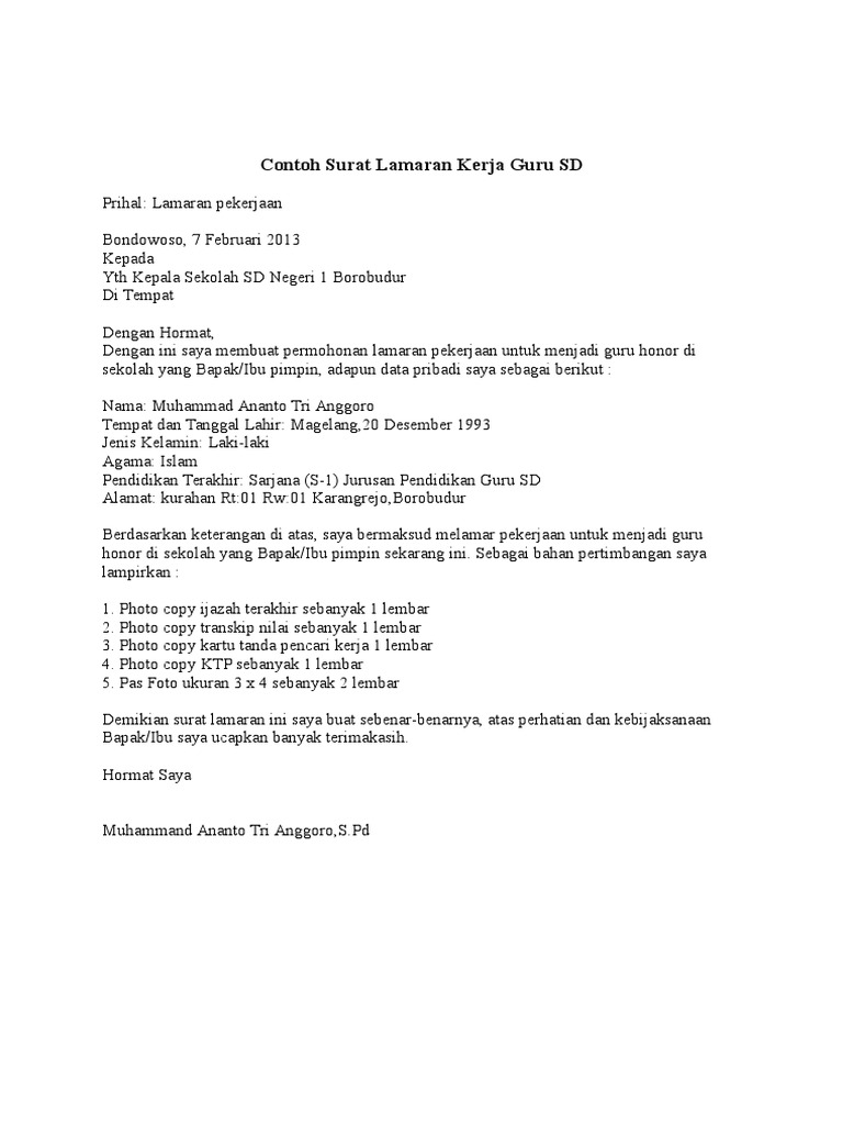 Contoh Surat Lamaran Kerja Guru Sd