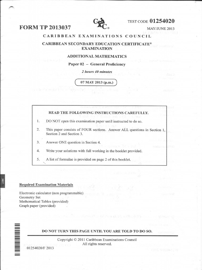 CSEC Add Maths 2013 Paper 2 | PDF