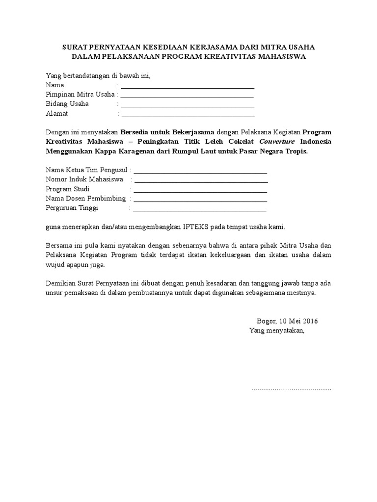 Contoh Surat Pernyataan Kesediaan Kerjasama Dari Mitra Usaha