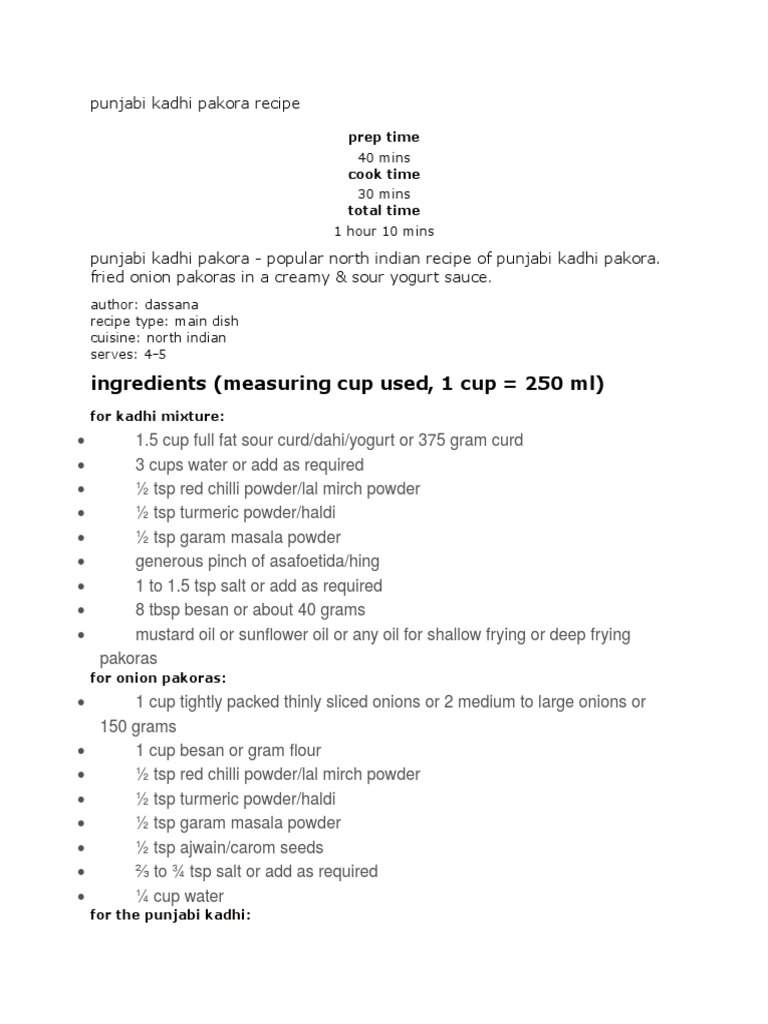 Punjabi Kadhi Pakora Recipe | PDF | Indian Cuisine | Yogurt