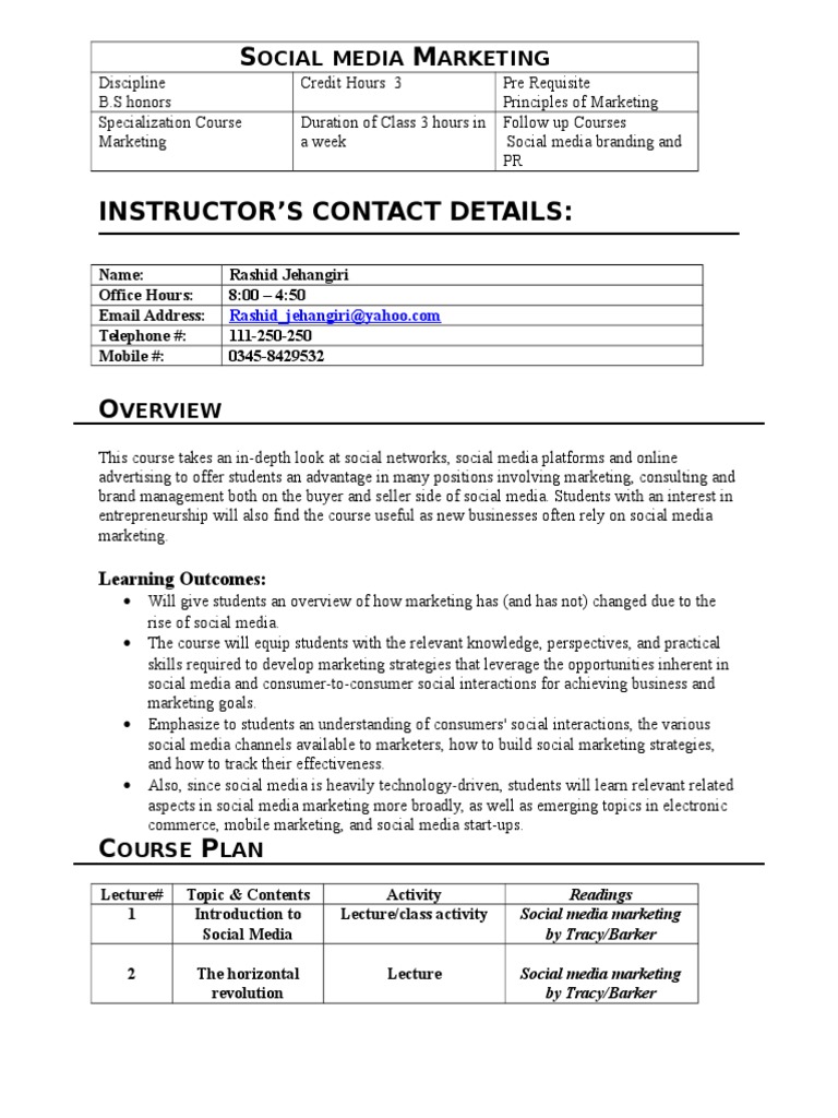 Course Outline Social Media Marketing Digital & Social Media Social