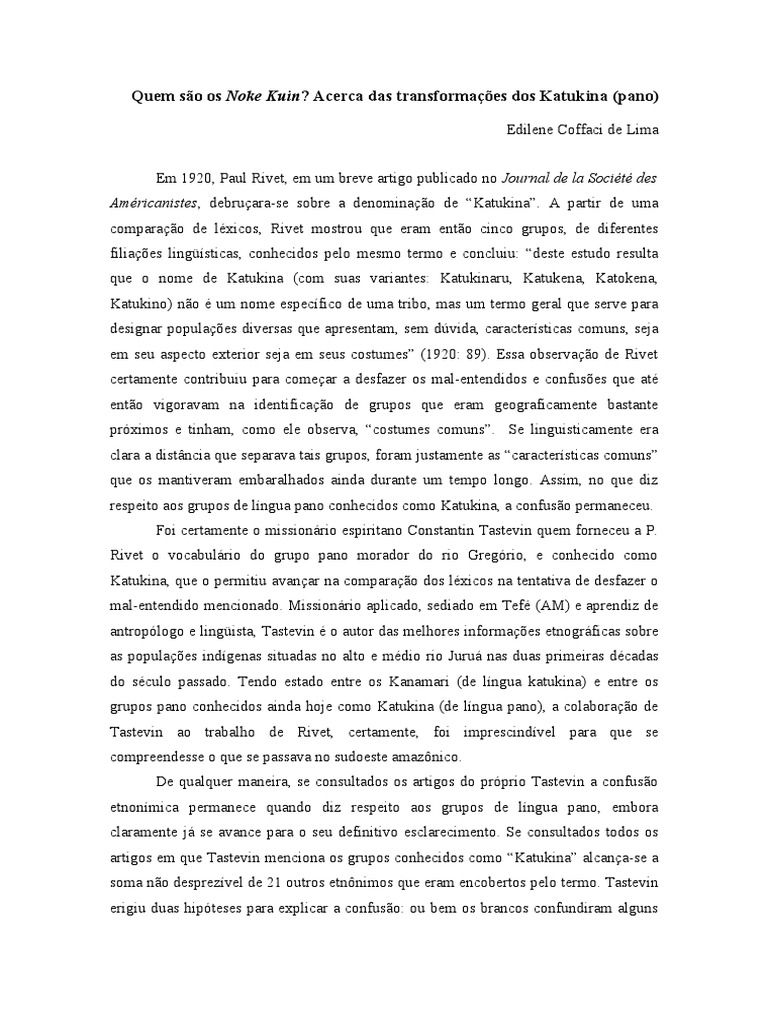 Quem São Os Noke Kuin Acerca Das Transformações Dos Katukina (Pano