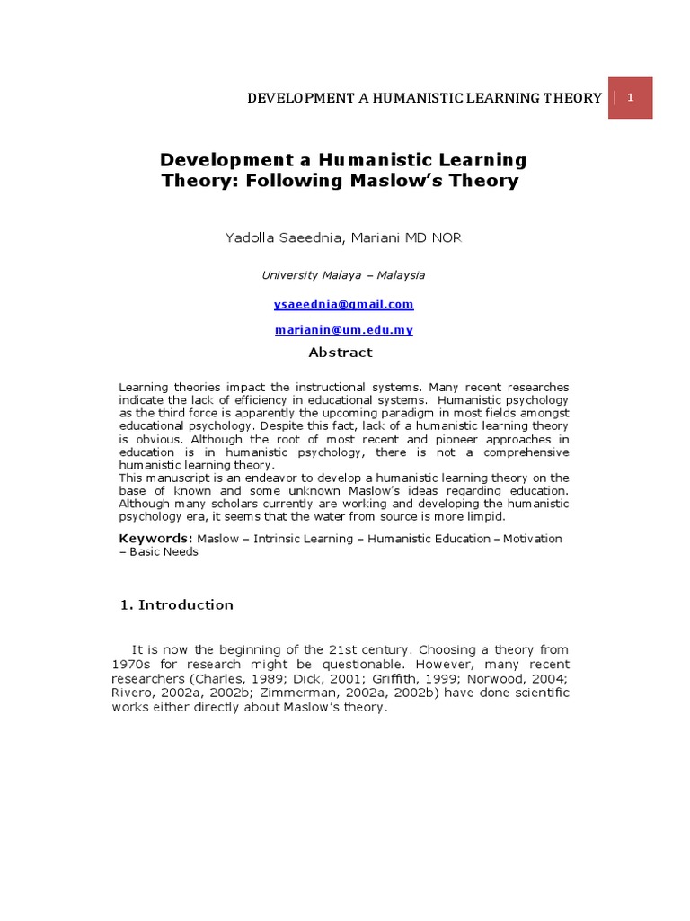 Developing Humanistic Learning Theory | PDF | Self Actualization ...