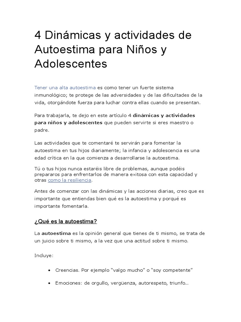 4 Dinámicas y Actividades de Autoestima Para Niños y Adolescentes | PDF ...