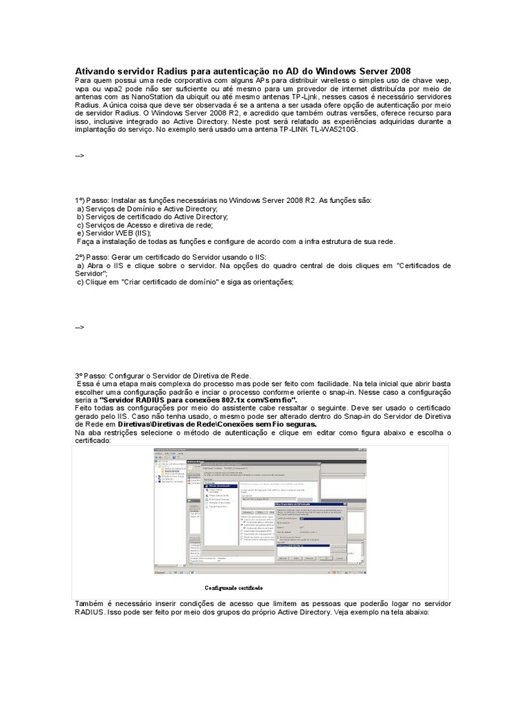Configurar RADIUS no Windows Server 2008 | PDF | Raio | Diretório ativo