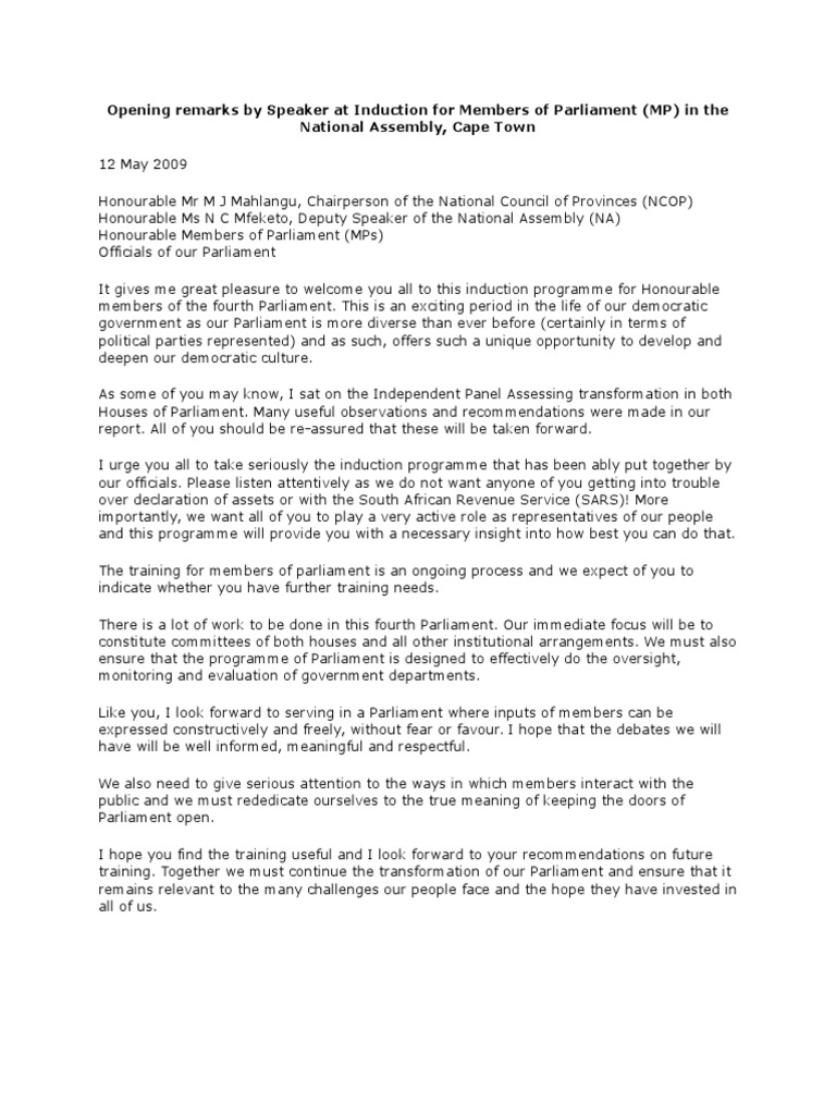 Opening Remarks by Speaker at Induction for Members of Parliament