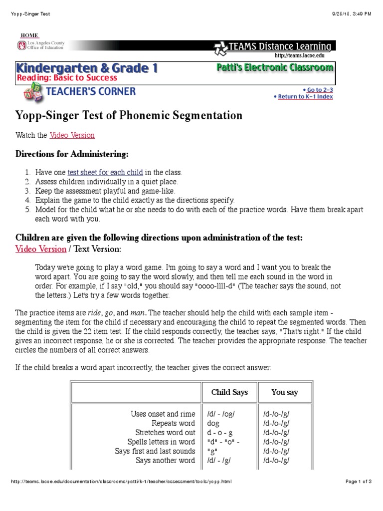 Yopp Singer Test Phoneme Syllable