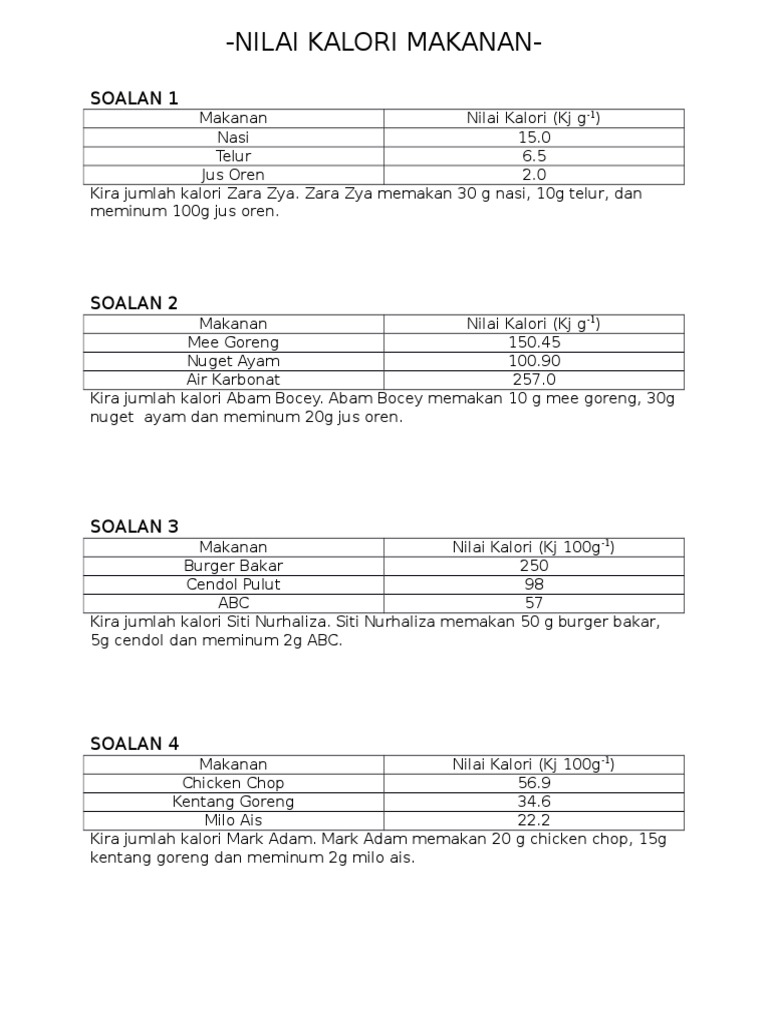 Nilai Kalori Makanan Pdf