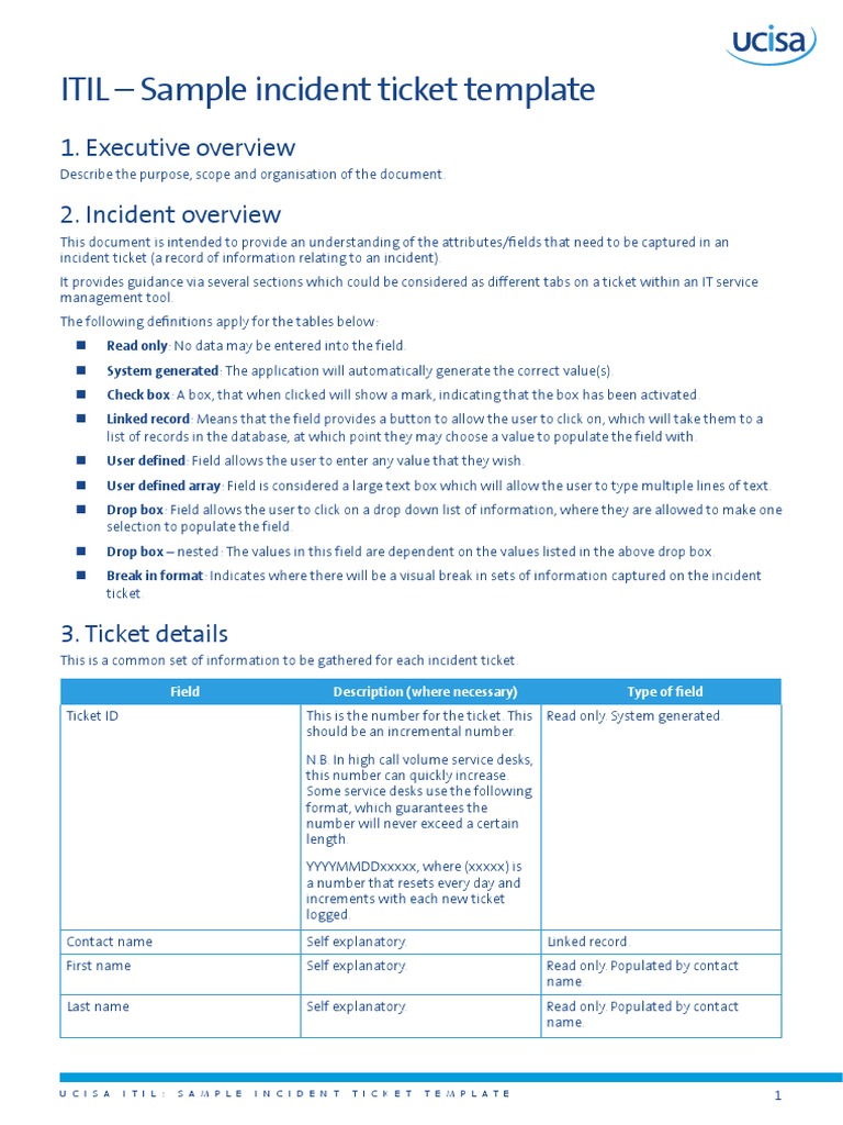 ITIL Sample Incident Ticket Template | PDF | File Format | Information ...