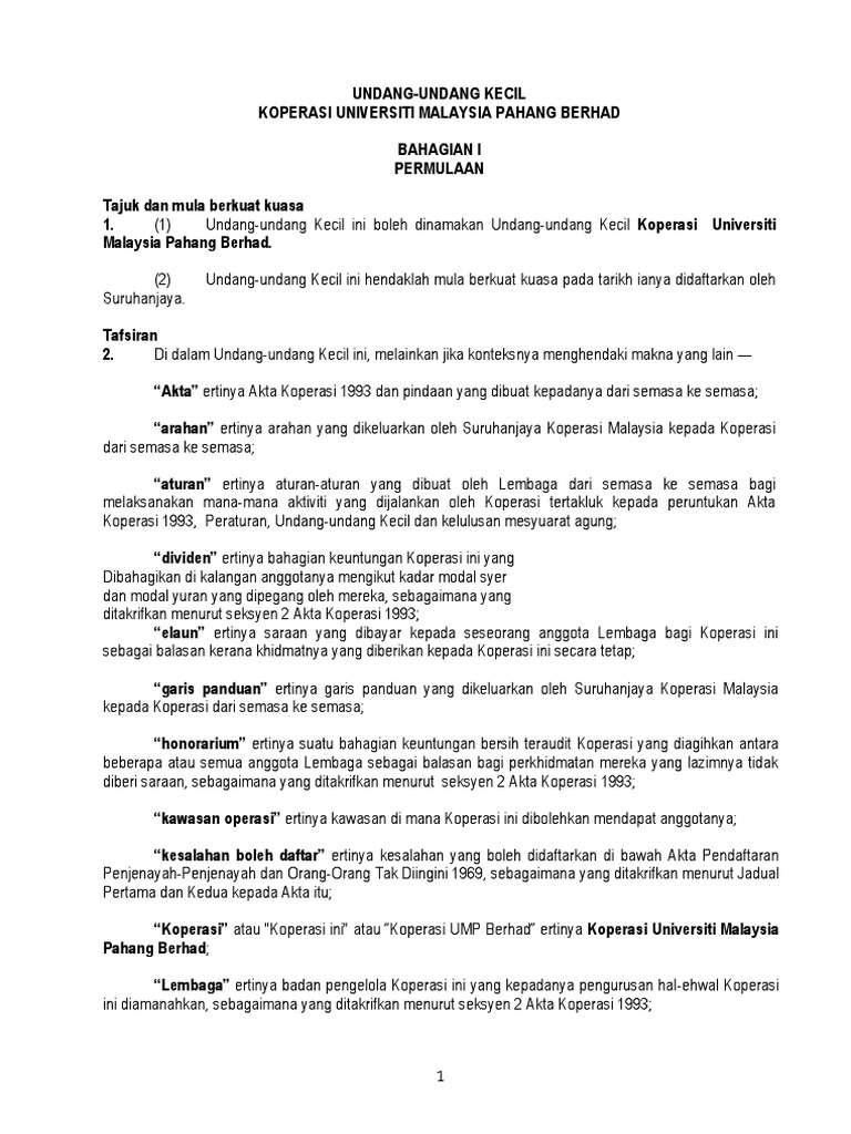 Undang Undang Kecil Koperasi Ump Berhad Pdf