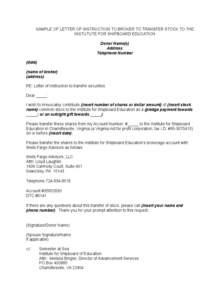 Sample of Letter of Instruction to Broker to Transfer Stock