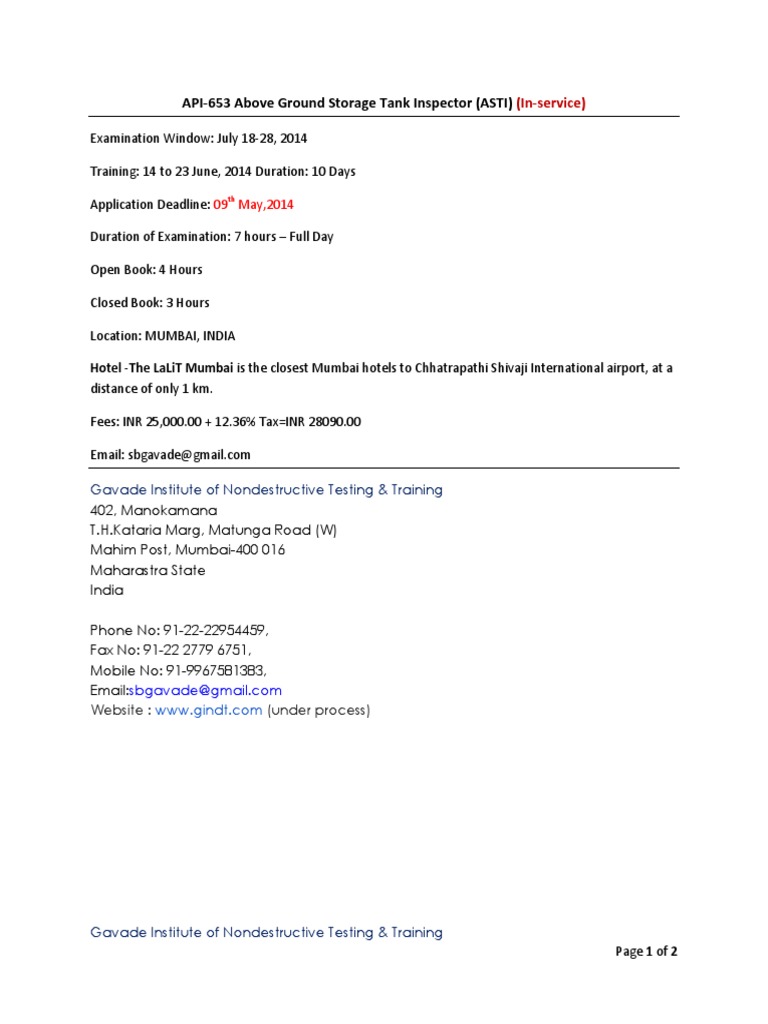 API-653 Tank Inspector Training Mumbai | PDF