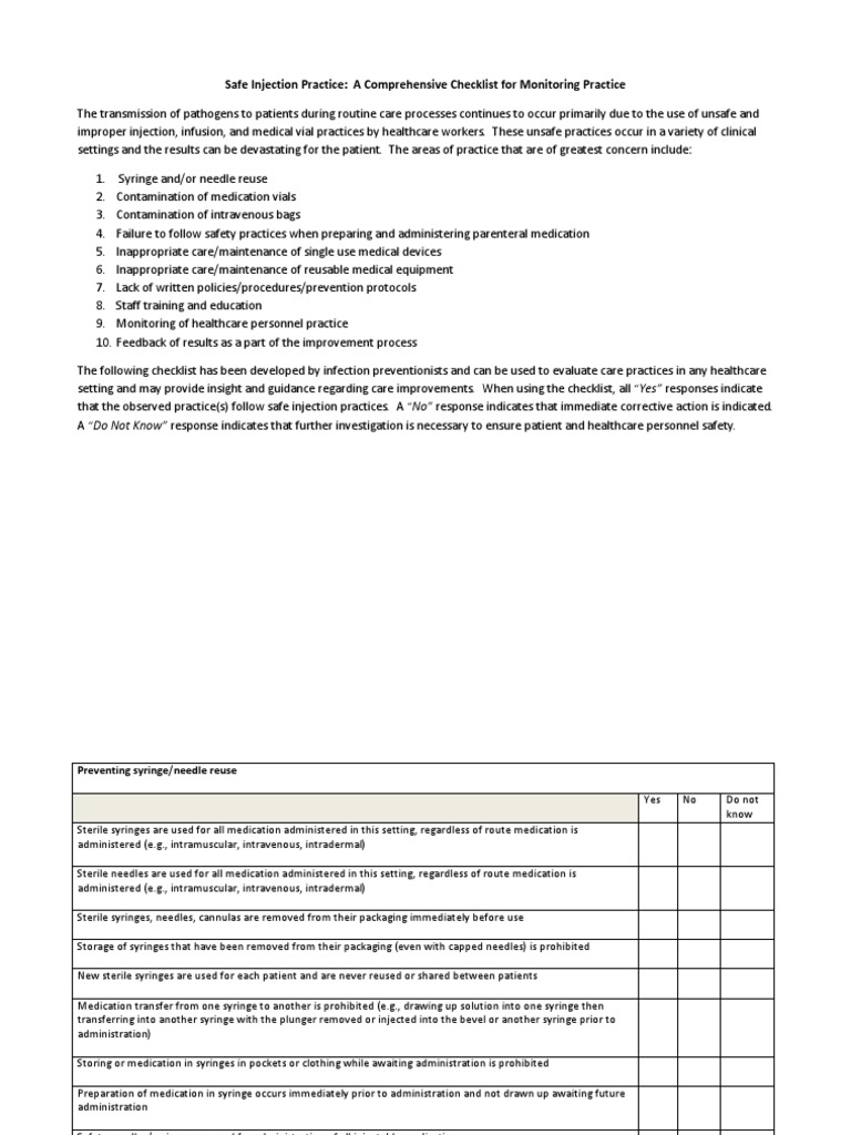 Safe Injection Practices Checklist PDF Intravenous Therapy
