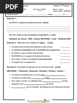 Devoir De Controle N 2 Informatique 7eme 2009 2010 Mr Riadh