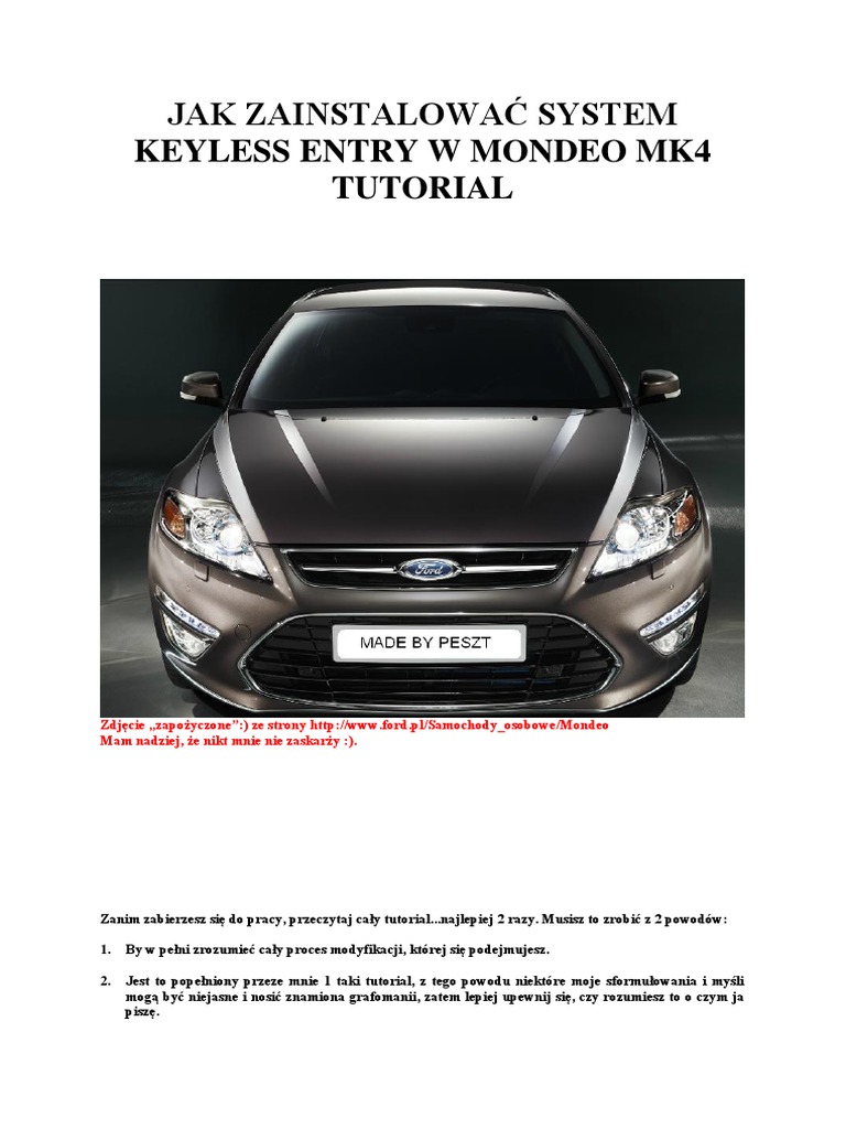 Keyless Entry w Mondeo Mk4 Door Ford Motor Company