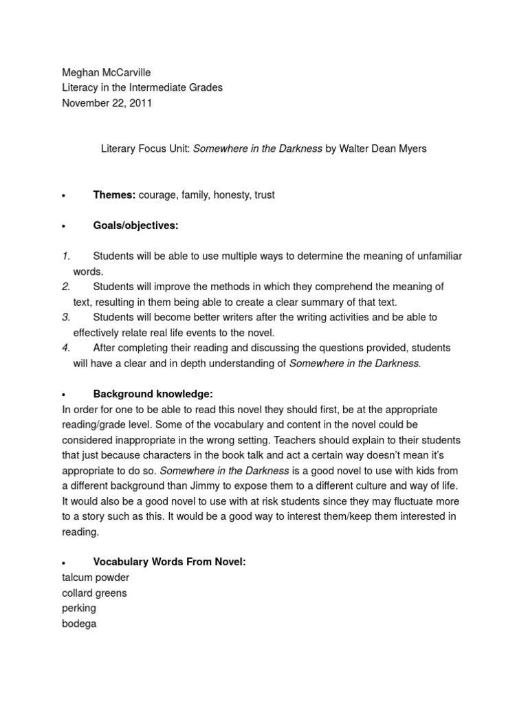 Somewhere In The Darkness Reading Comprehension Multiple Choice