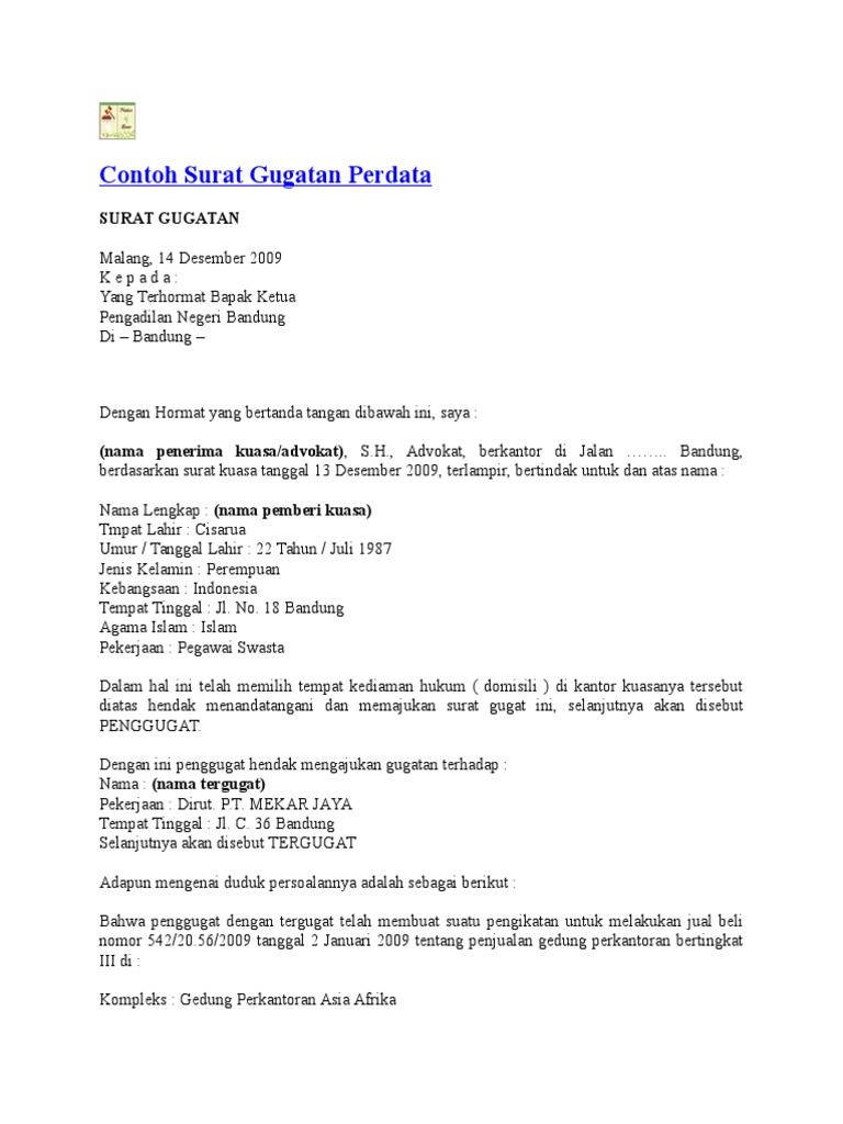 Contoh Surat Gugatan Perdata