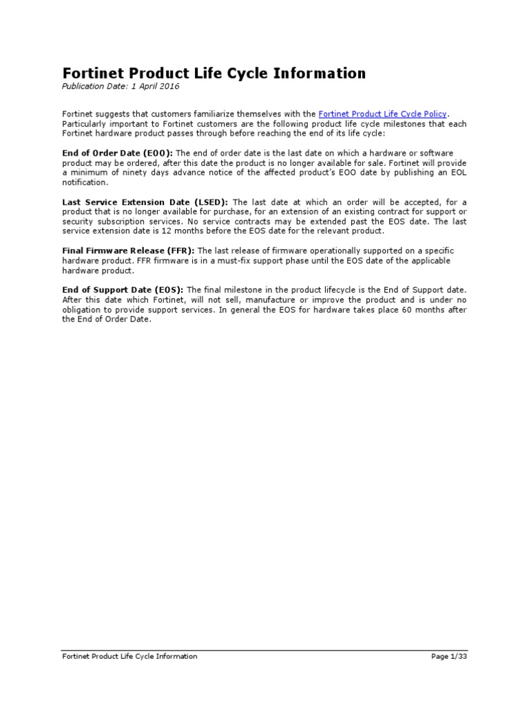 Product Life Cycle Information Publication Date 1 April 2016