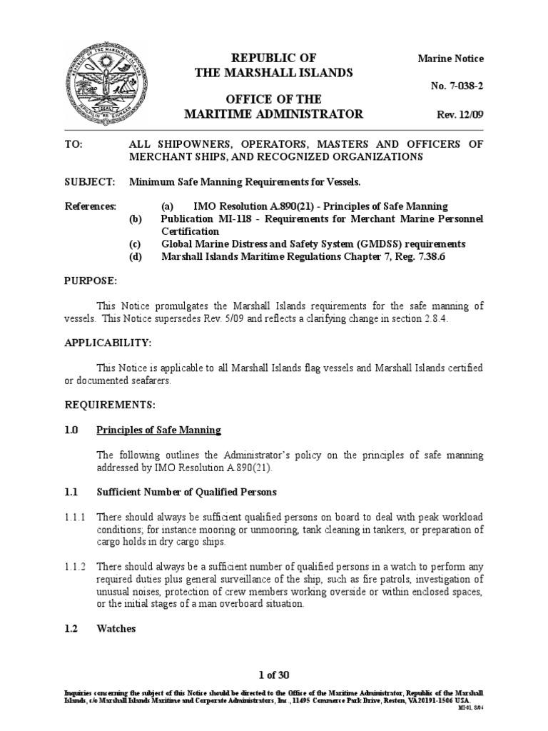 Minimum Safe Manning Requirements for Vessels Sea Captain Sailor