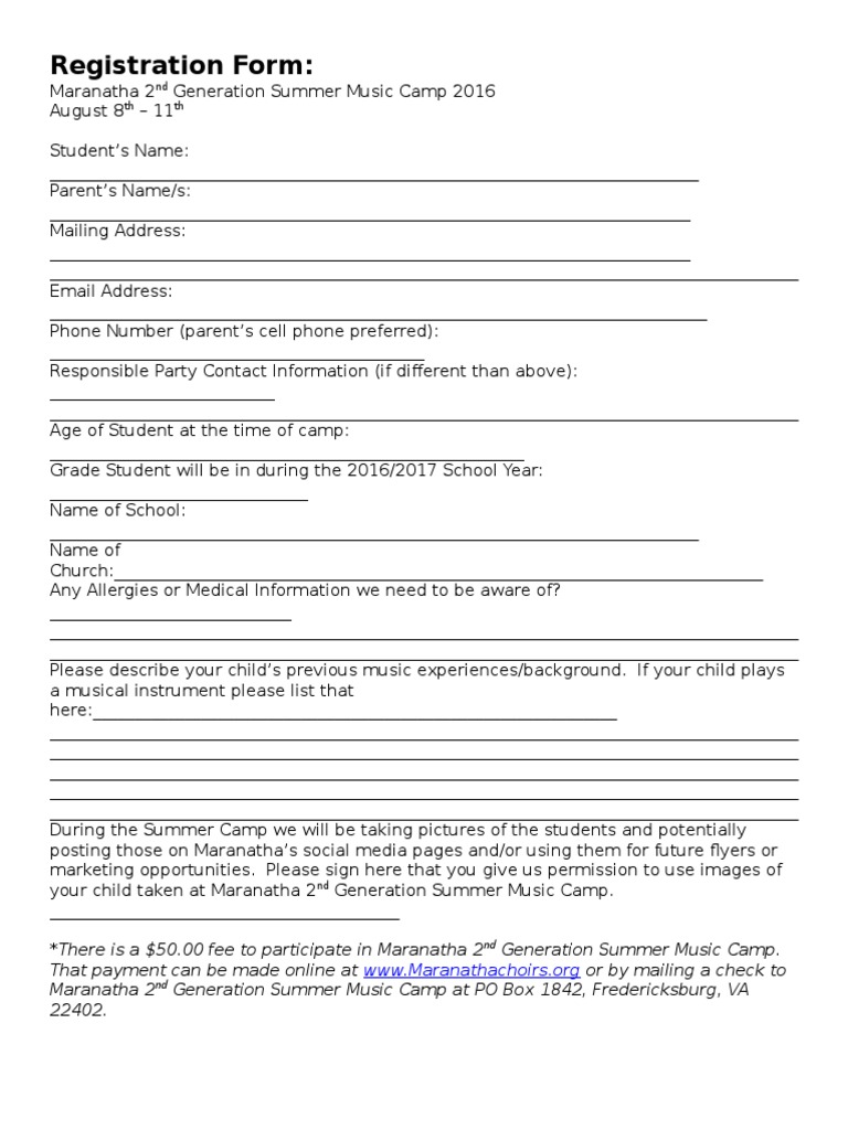 Summer Music Camp Registration Form | PDF
