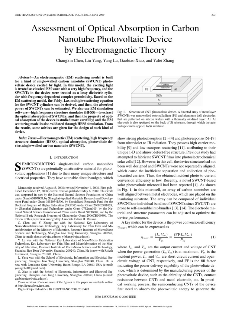 SWNT Photovoltaic Cell | PDF | Carbon Nanotube | Permittivity