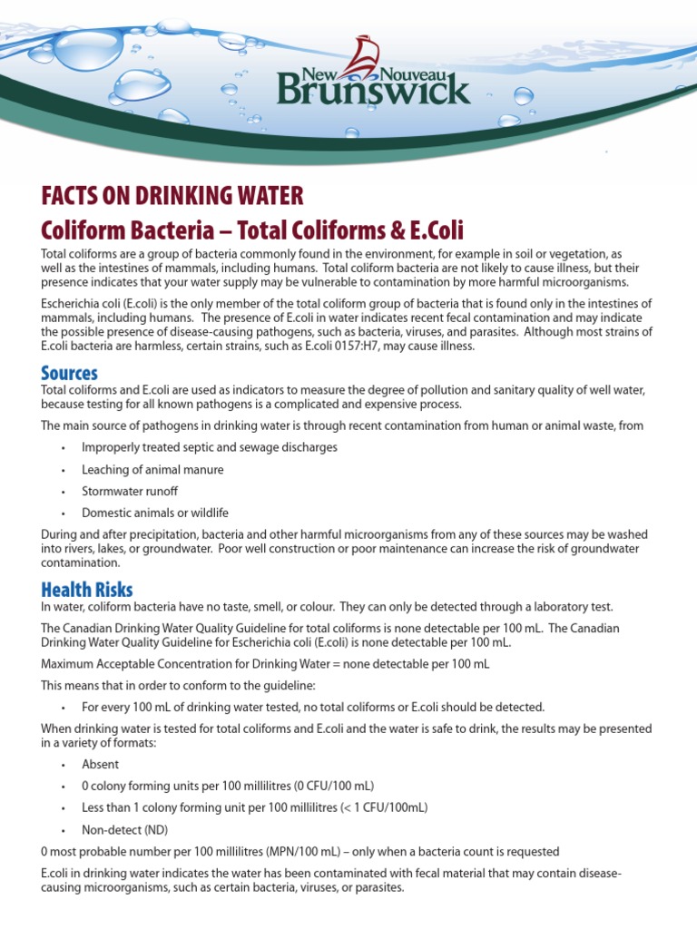 Facts On Drinking Water Coliform Bacteria Total Coliforms & E.Coli