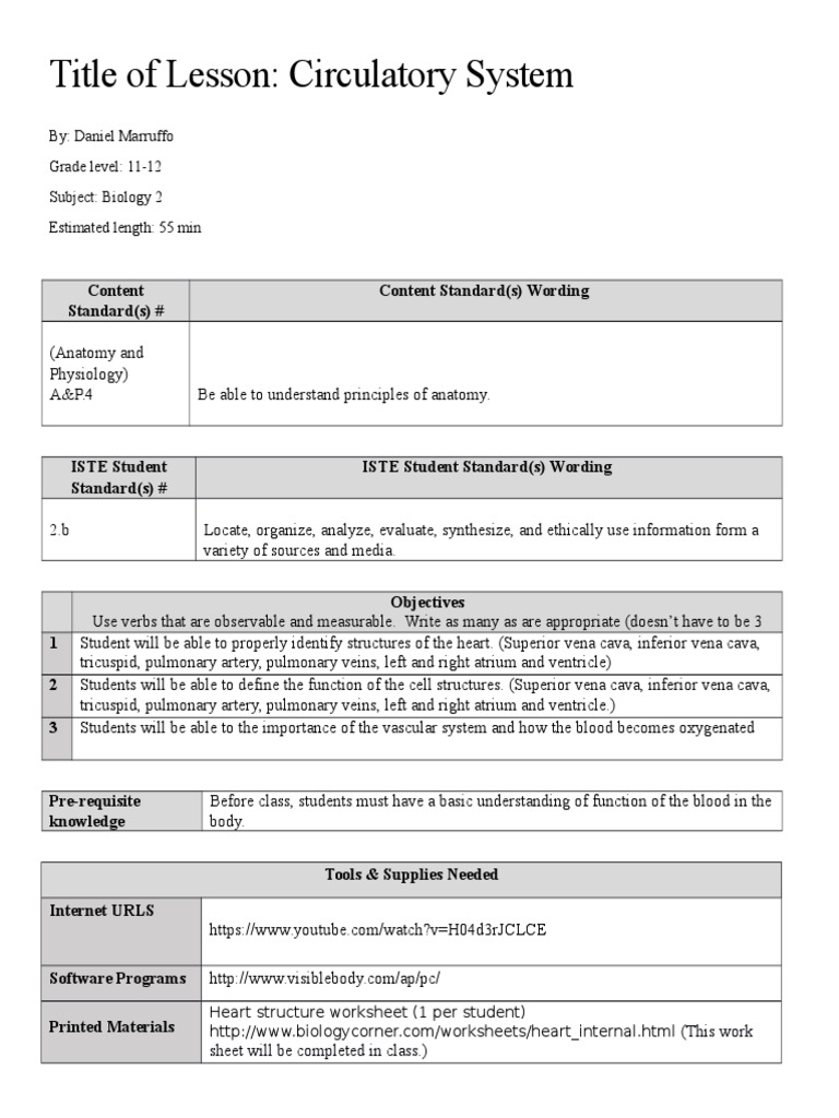 Technology Integration Lesson Plan 1 | PDF | Heart | Lung
