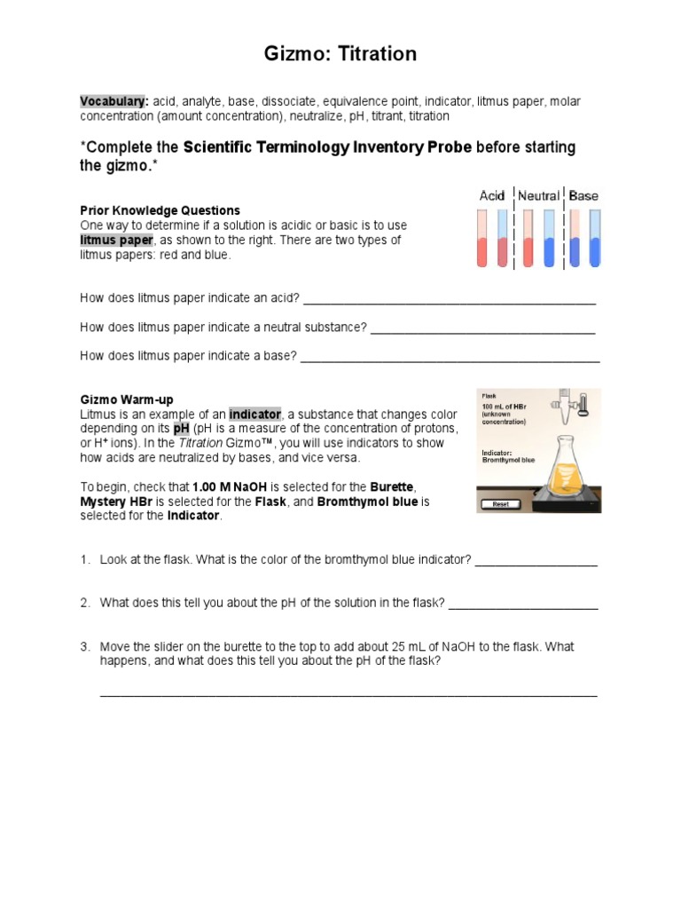 Gizmo Titration Worksheet Titration Chemistry