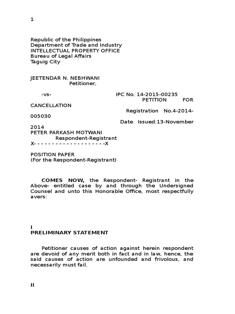Position Paper Dti Case | PDF | Trademark | Private Law