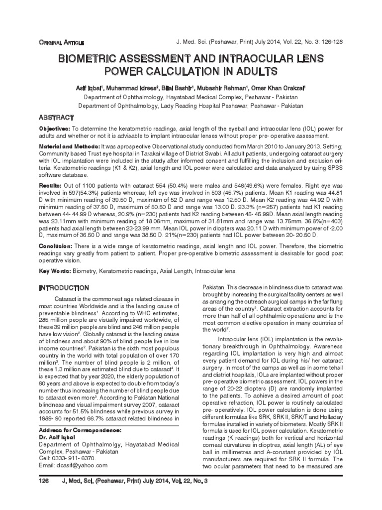 Biometric Assessment and Intraocular Lens Power Calculation in Adults ...