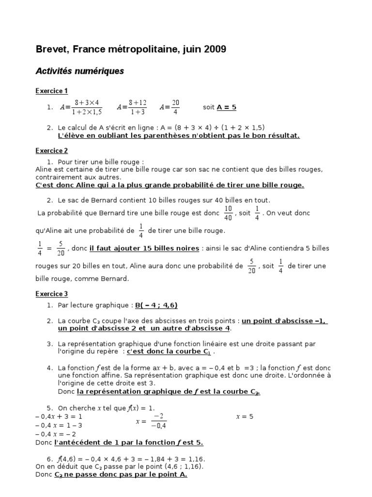 Exercice Probabilité Brevet Avec Corrigé Pdf 2009 06 Brevet Maths France Corrigé | PDF | Triangle | Euclide