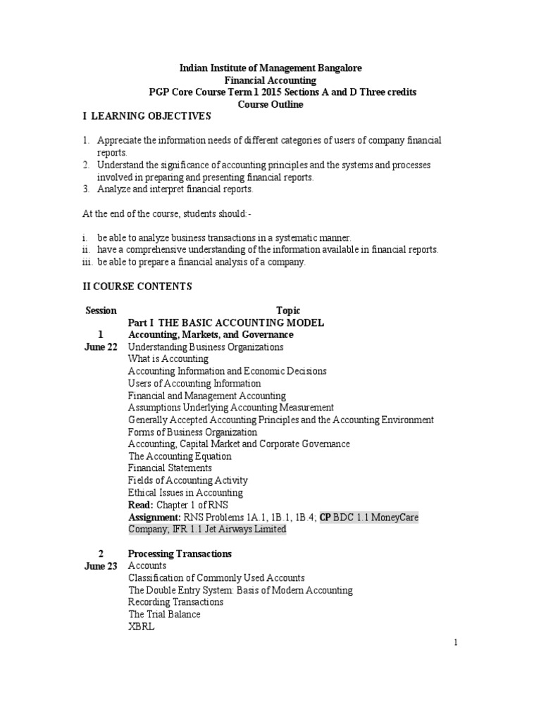 Financial Accounting PGP 2015 Course Outline PDF Financial