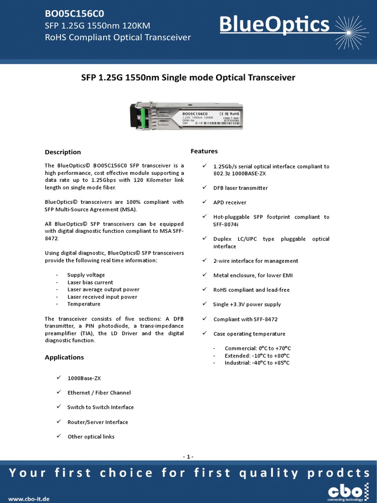 SFP 1.25G 1550Nm 120Km Rohs Compliant Optical Transceiver | PDF