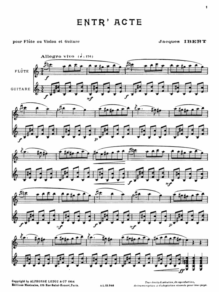 Ibert Entracte Flute or Violin and Guitar