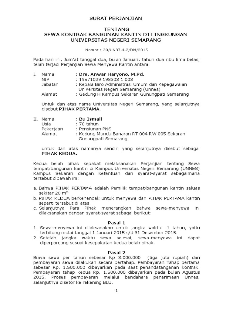 Contoh Surat Perjanjian Kantin Sekolah