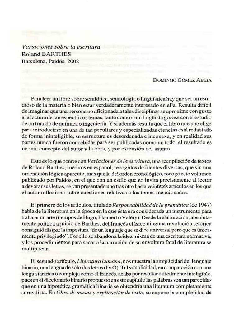 Barthes, Variaciones Sobre La Escritura 2 | PDF