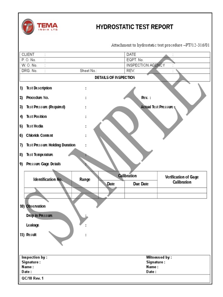 Hydrostatic Test Report Template | PDF