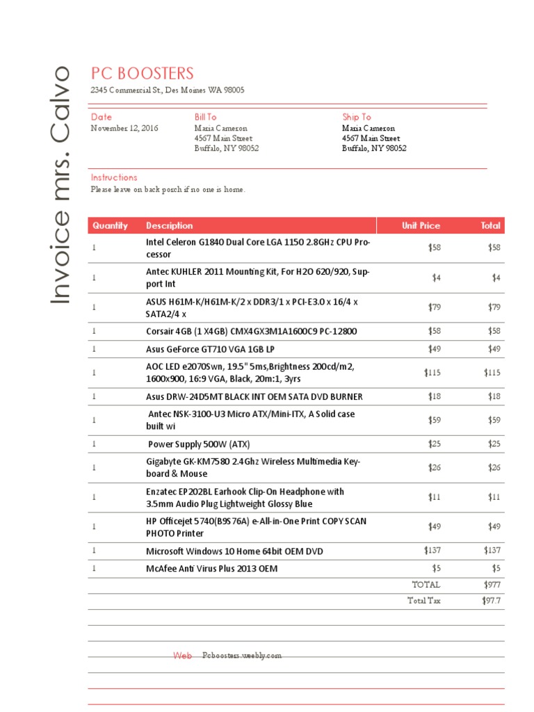 Invoice for Computer Parts Purchase | PDF | Computers
