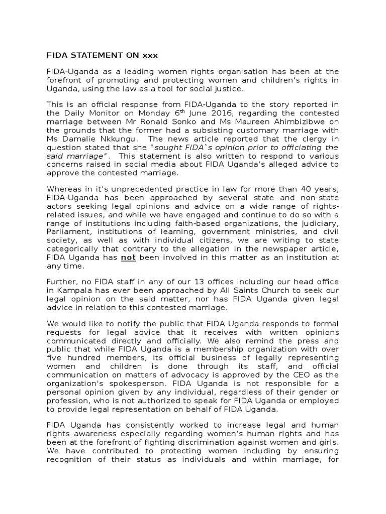 FIDA Uganda Statement on Customary Marriage. Marriage Women's Rights